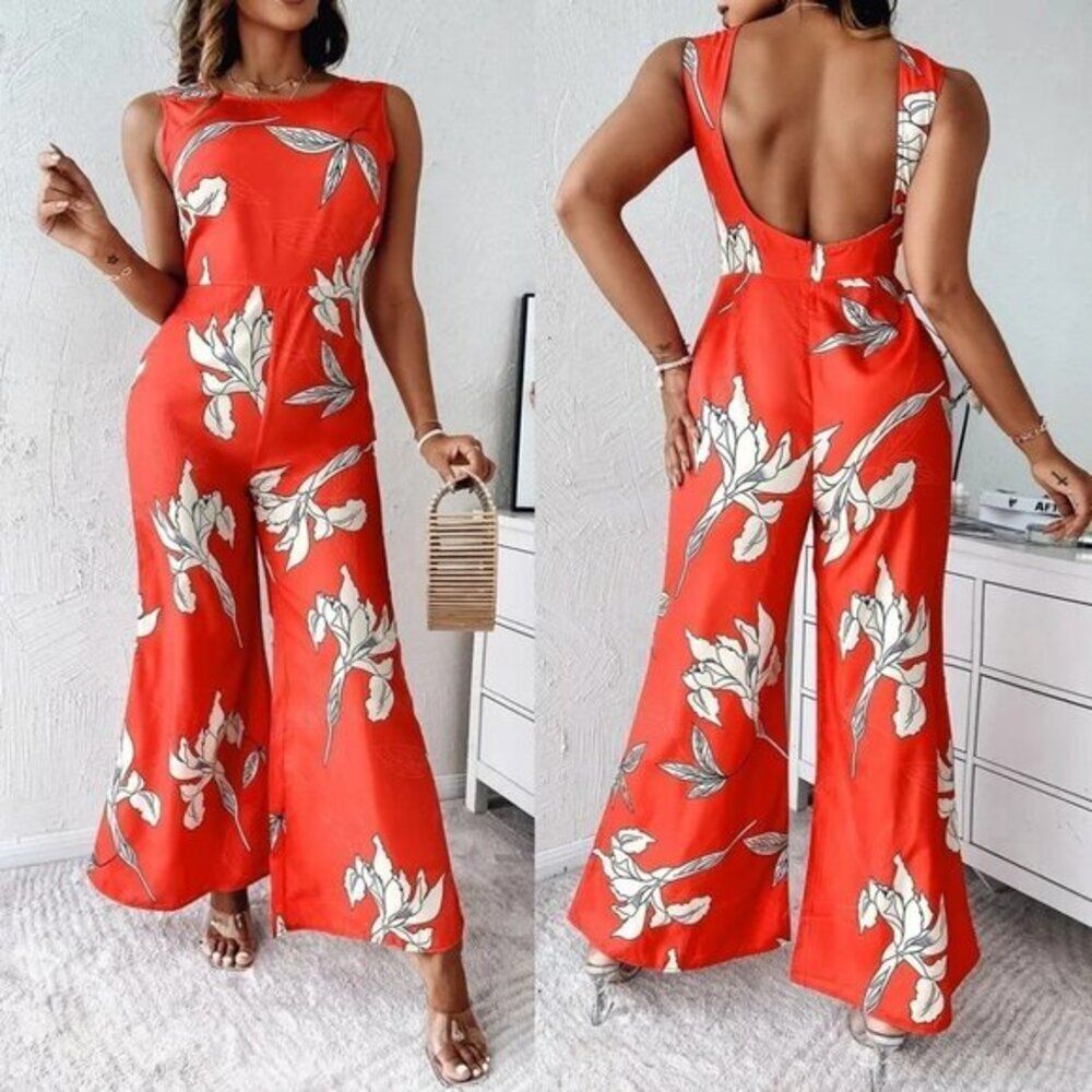 Women's Jumpsuits Backless Sleeveless Floral‎ Print Jumpsuit